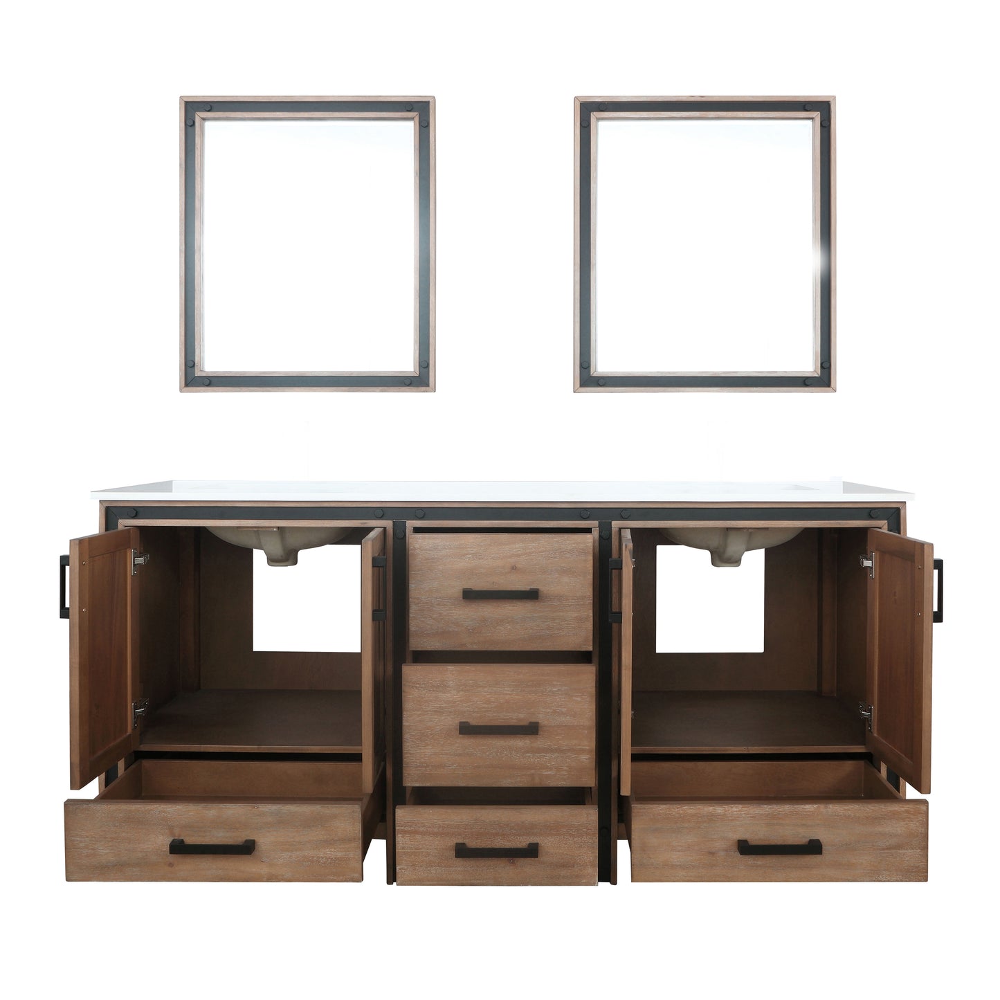 Ziva 72" Rustic Barnwood Double Vanity, Cultured Marble Top, White Square Sink and 30" Mirrors