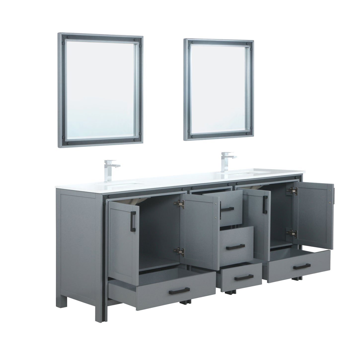 Ziva 80" Dark Grey Double Vanity, Cultured Marble Top, White Square Sink and 30" Mirrors w/ Faucet