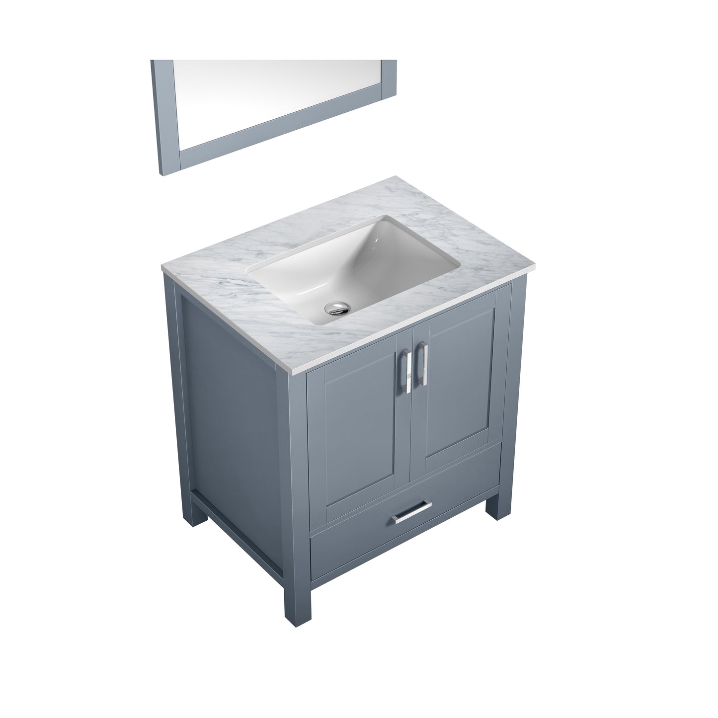 Jacques 30" Dark Grey Single Vanity, White Carrara Marble Top, White Square Sink and 28" Mirror