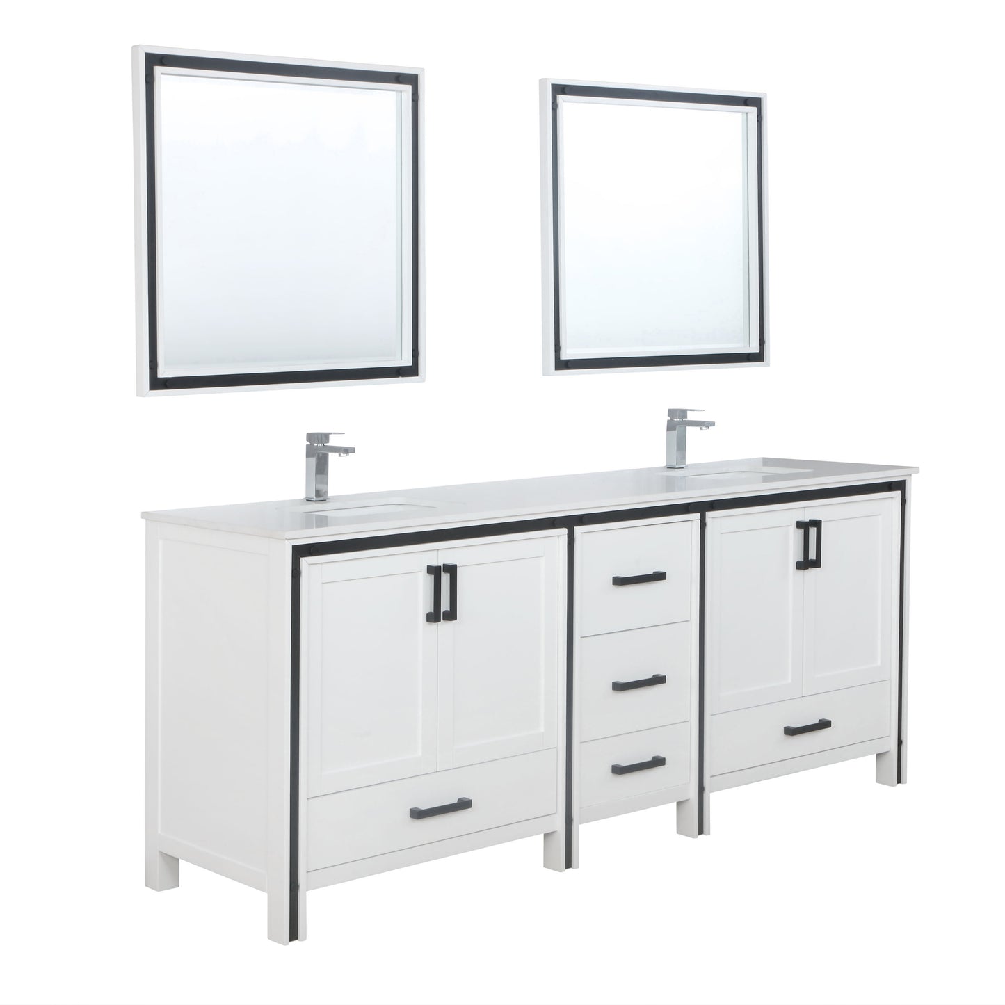 Ziva 84" White Double Vanity, Cultured Marble Top, White Square Sink and 34" Mirrors w/ Faucet