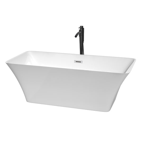 Tiffany 67 Inch Freestanding Bathtub in White with Polished Chrome Trim and Floor Mounted Faucet in Matte Black