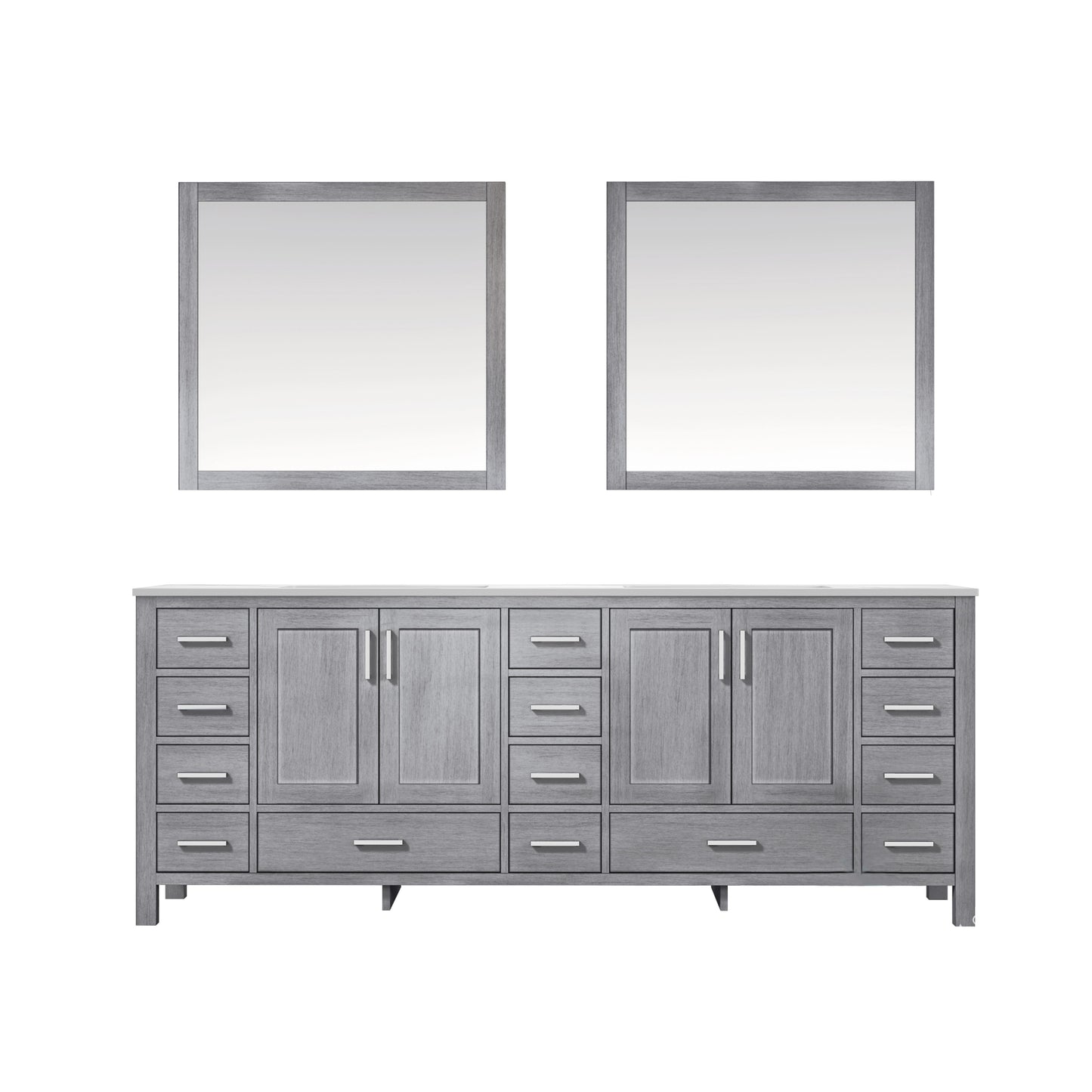 Jacques 84" Distressed Grey Double Vanity, White Carrara Marble Top, White Square Sinks and 34" Mirrors