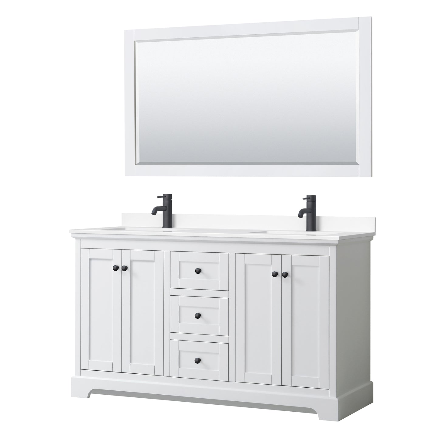 Avery 60 Inch Double Bathroom Vanity in White, White Cultured Marble Countertop, Undermount Square Sinks, Matte Black Trim, 58 Inch Mirror