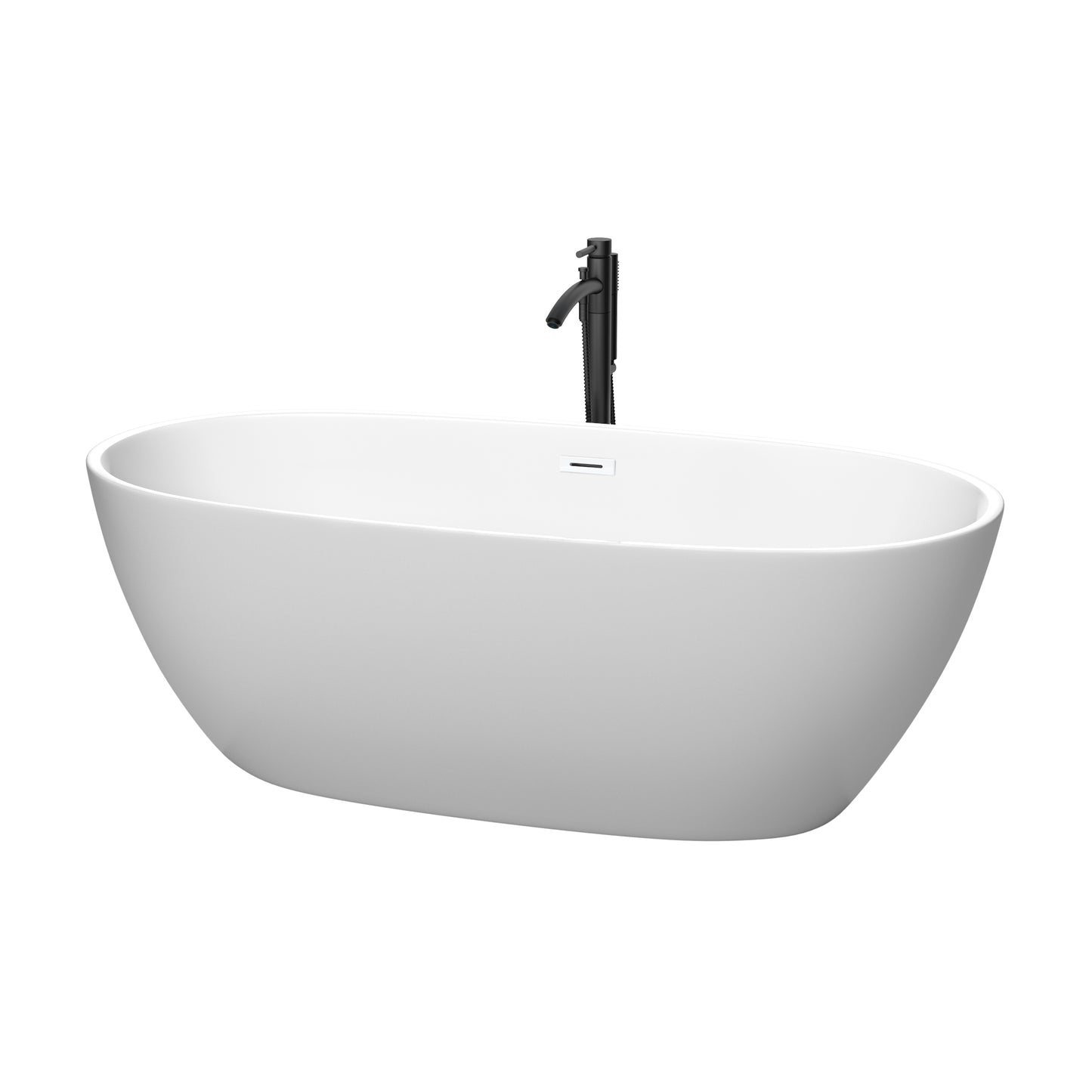 Juno 67 Inch Freestanding Bathtub in Matte White with Shiny White Trim and Floor Mounted Faucet in Matte Black