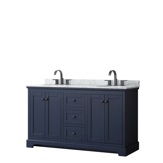 Avery 60 Inch Double Bathroom Vanity in Dark Blue, White Carrara Marble Countertop, Undermount Oval Sinks, Matte Black Trim