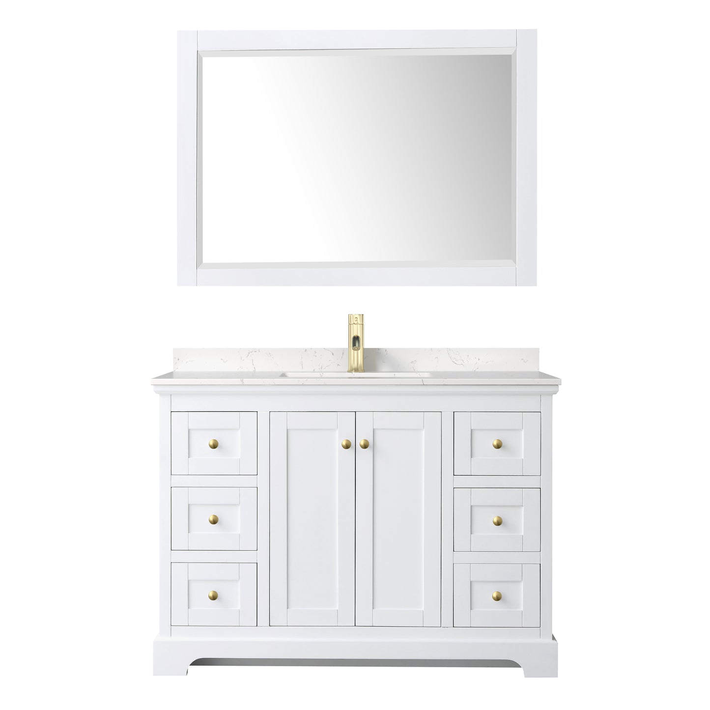 Avery 48 Inch Single Bathroom Vanity in White, Carrara Cultured Marble Countertop, Undermount Square Sink, 46 Inch Mirror, Brushed Gold Trim