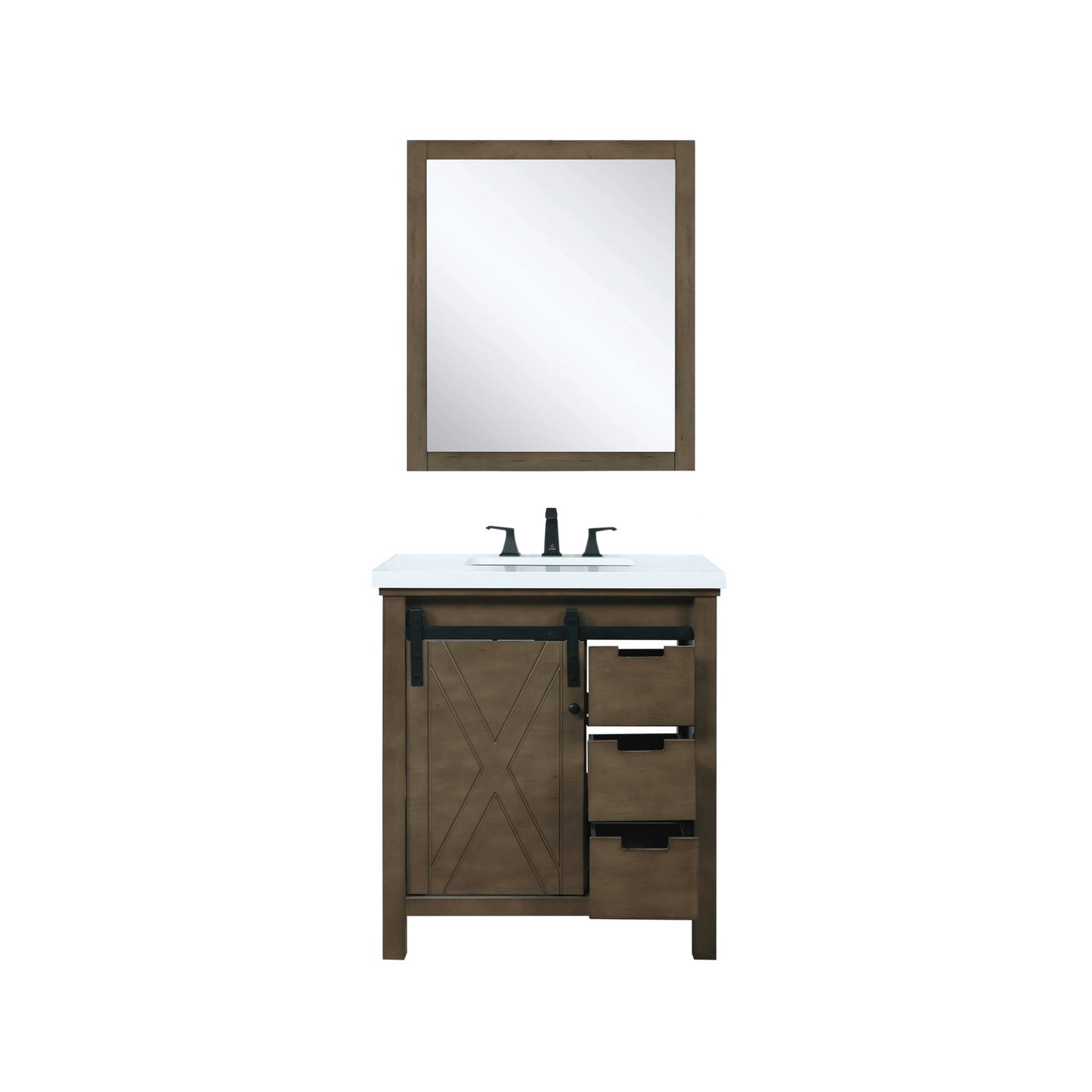 Marsyas 30" Rustic Brown Single Vanity, White Quartz Top, White Square Sink and 28" Mirror w/ Faucet