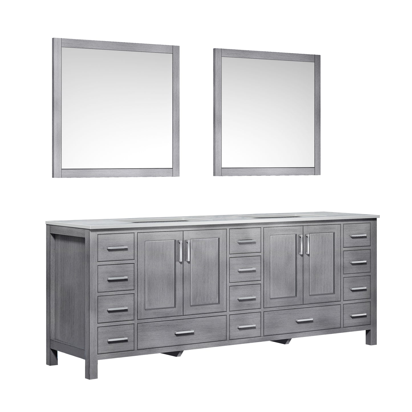 Jacques 84" Distressed Grey Double Vanity, White Carrara Marble Top, White Square Sinks and 34" Mirrors