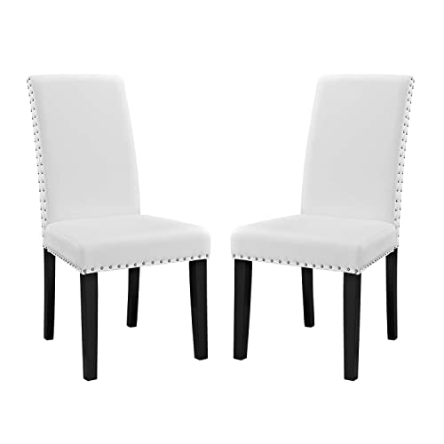 Modway Parcel Modern Upholstered Vinyl Parsons Dining Chair with Polished Nailhead Trim and Wood Legs in Black