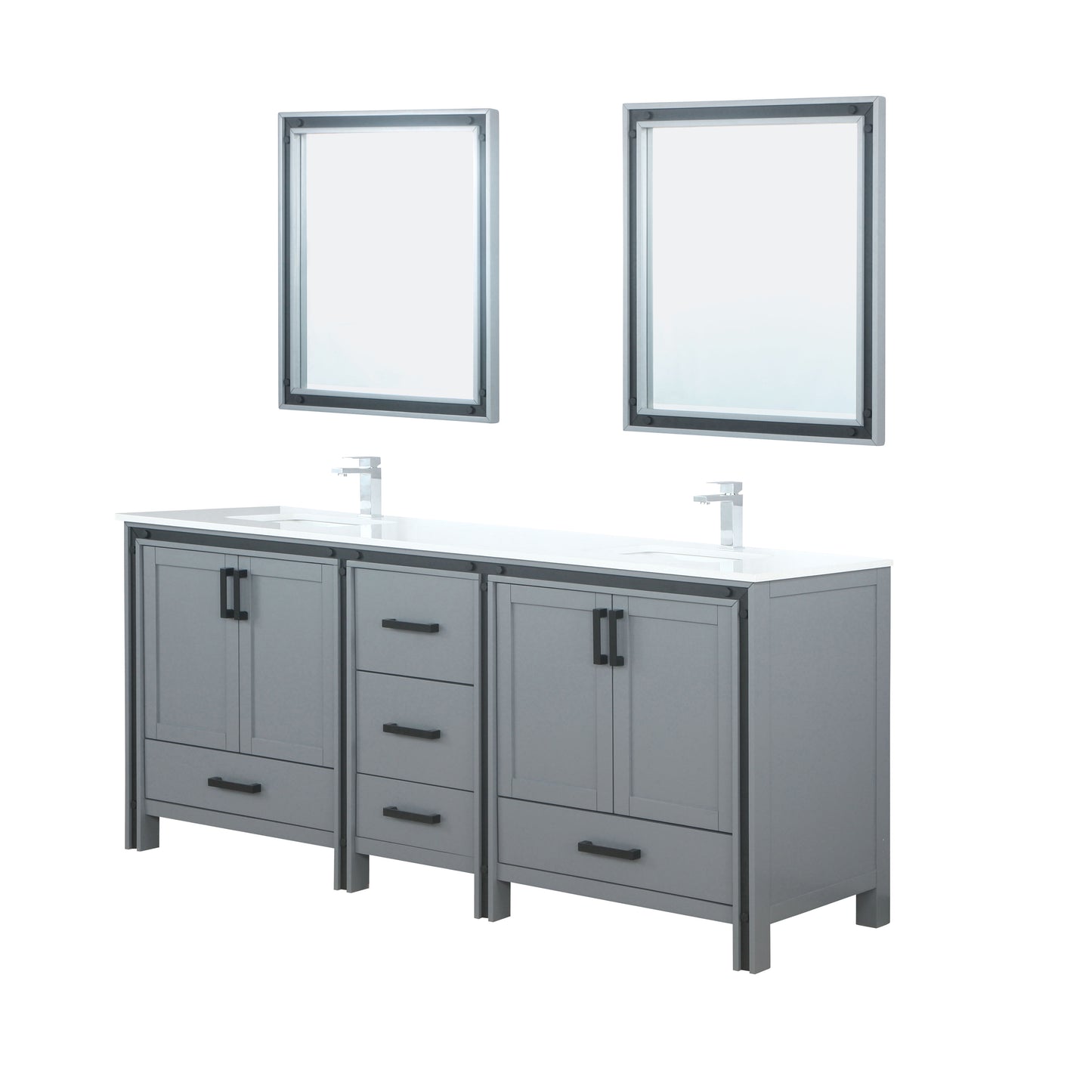 Ziva 80" Dark Grey Double Vanity, Cultured Marble Top, White Square Sink and 30" Mirrors w/ Faucet