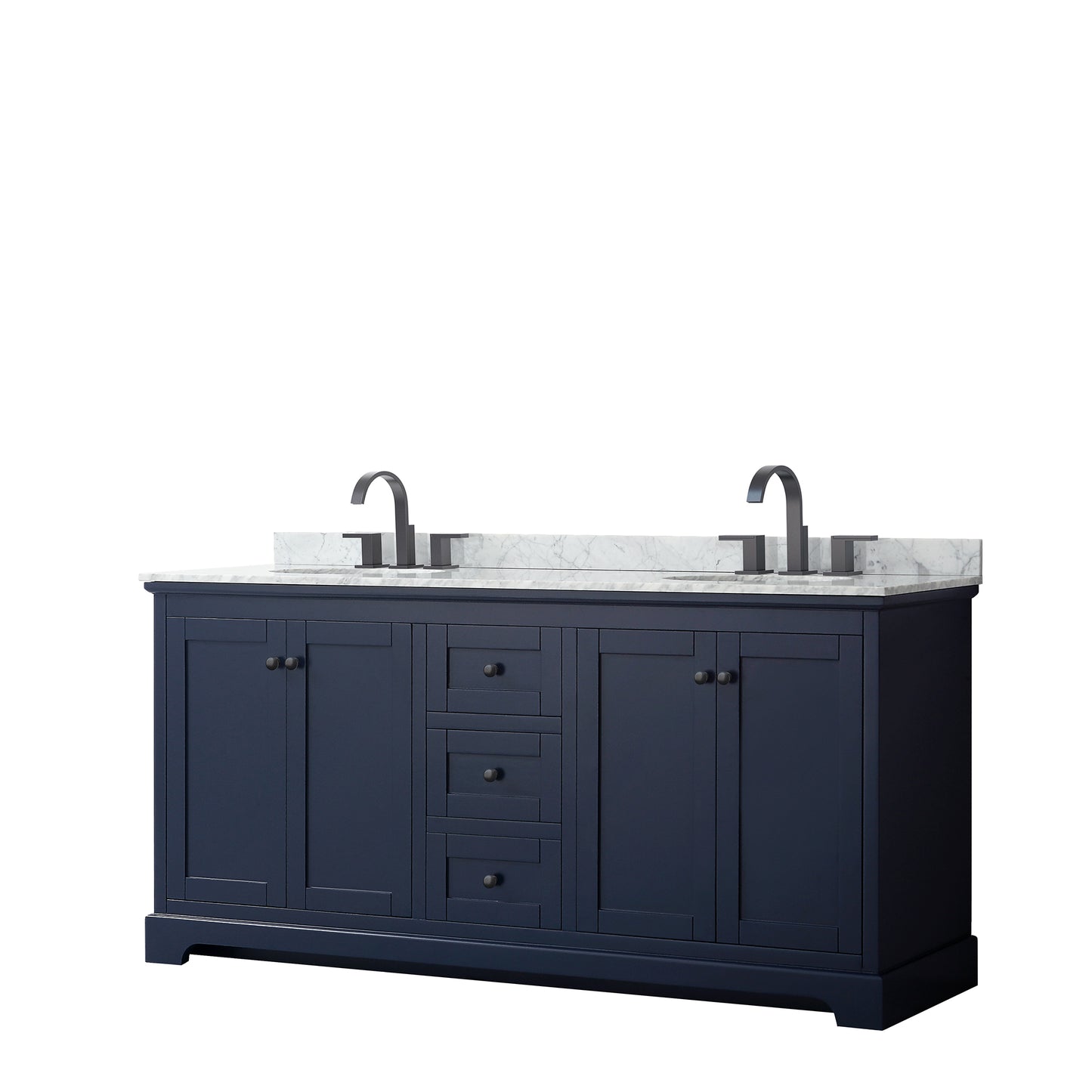 Avery 72 Inch Double Bathroom Vanity in Dark Blue, White Carrara Marble Countertop, Undermount Oval Sinks, Matte Black Trim