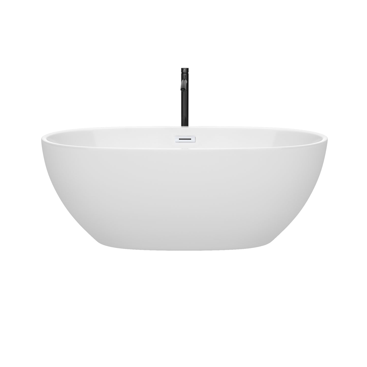 Juno 63 Inch Freestanding Bathtub in White with Shiny White Trim and Floor Mounted Faucet in Matte Black