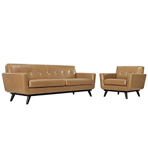 Modway Engage Mid-Century Modern Upholstered Sofa and Armchair Living Room Set, Tan Leather