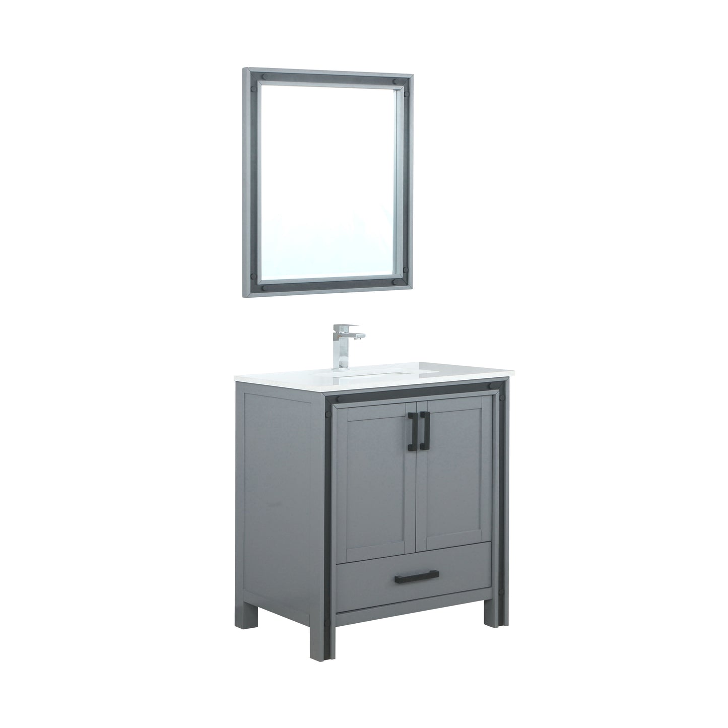 Ziva 30" Dark Grey Single Vanity, Cultured Marble Top, White Square Sink and 28" Mirror w/ Faucet
