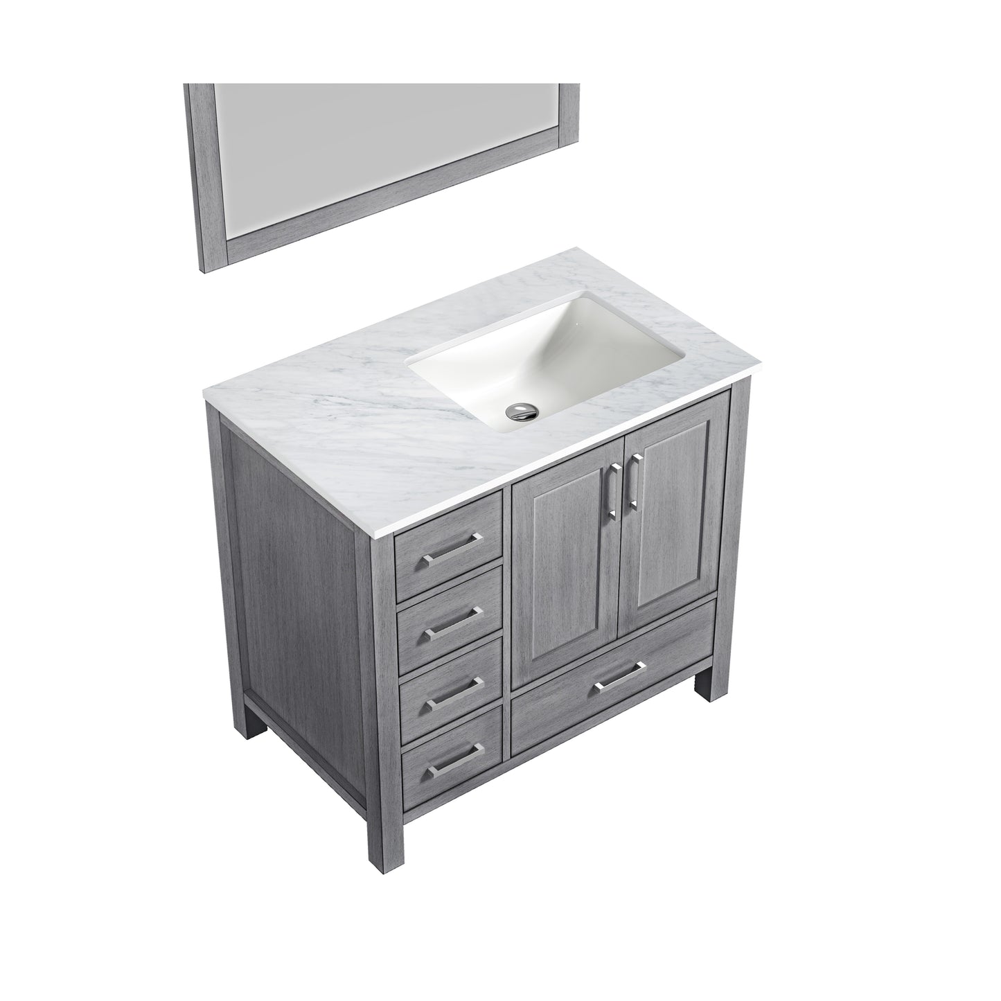 Jacques 36" Distressed Grey Single Vanity, White Carrara Marble Top, White Square Sink and 34" Mirror - Right Version