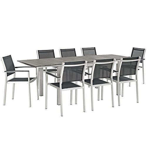 Modway Shore 9-Piece Aluminum Outdoor Patio Furniture Dining Set with Extendable 62 to 94 Inch Dining Table and Eight Dining Arm Chairs in Silver Black