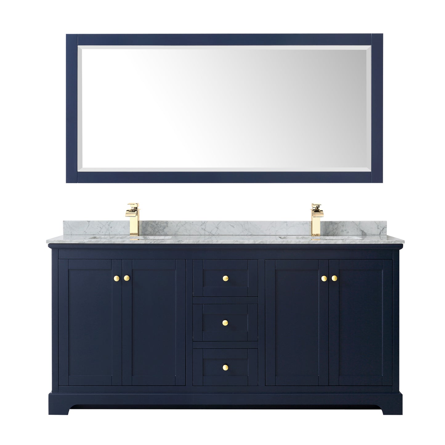 Avery 72 Inch Double Bathroom Vanity in Dark Blue, White Carrara Marble Countertop, Undermount Square Sinks, and 70 Inch Mirror