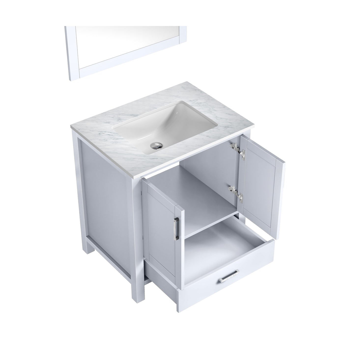 Jacques 30" White Single Vanity, White Carrara Marble Top, White Square Sink and 28" Mirror