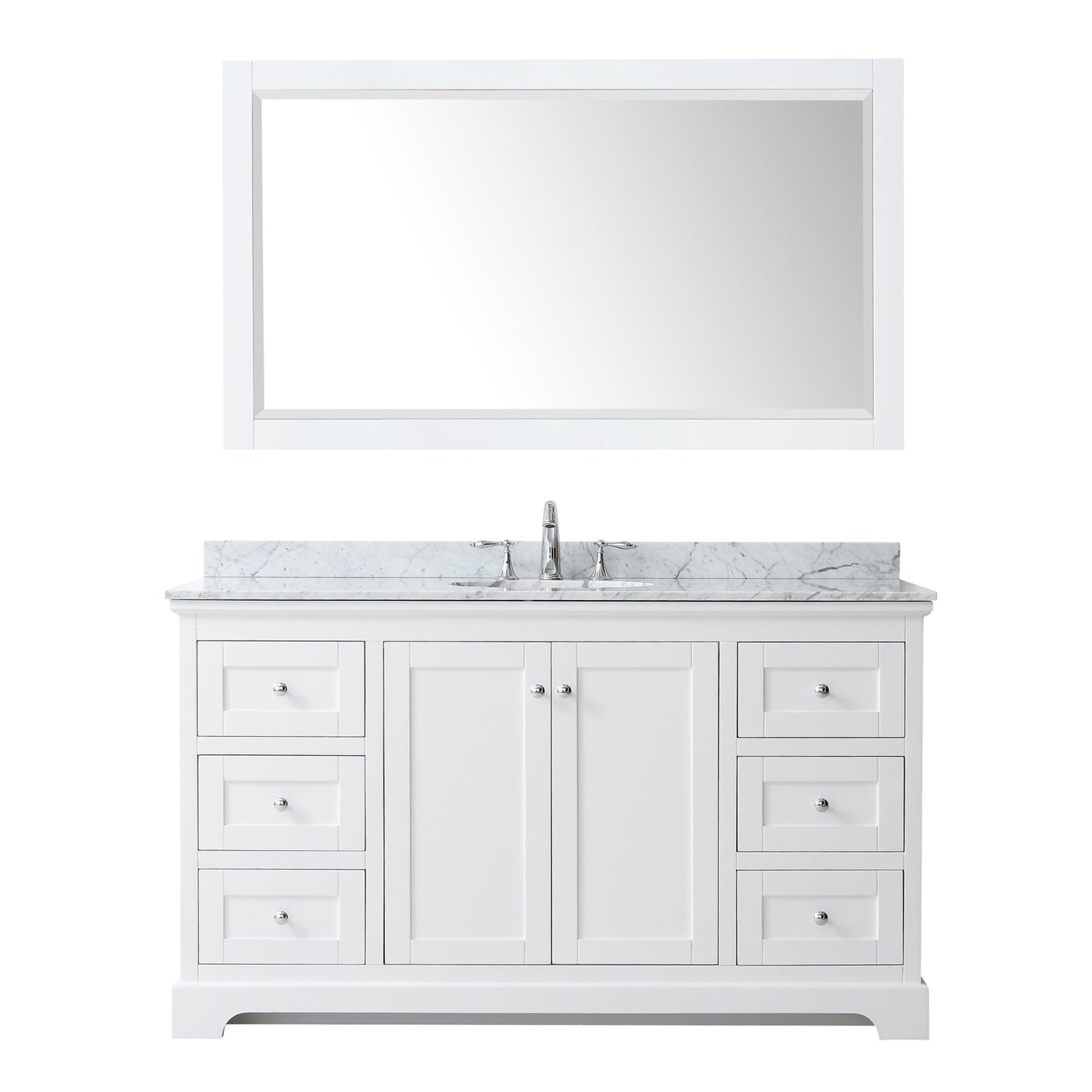 Avery 60 Inch Single Bathroom Vanity in White, White Carrara Marble Countertop, Undermount Oval Sink, and 58 Inch Mirror