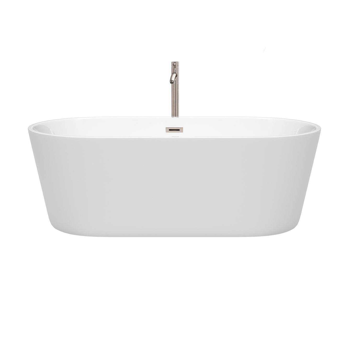 Carissa 67 Inch Freestanding Bathtub in White with Floor Mounted Faucet, Drain and Overflow Trim in Brushed Nickel