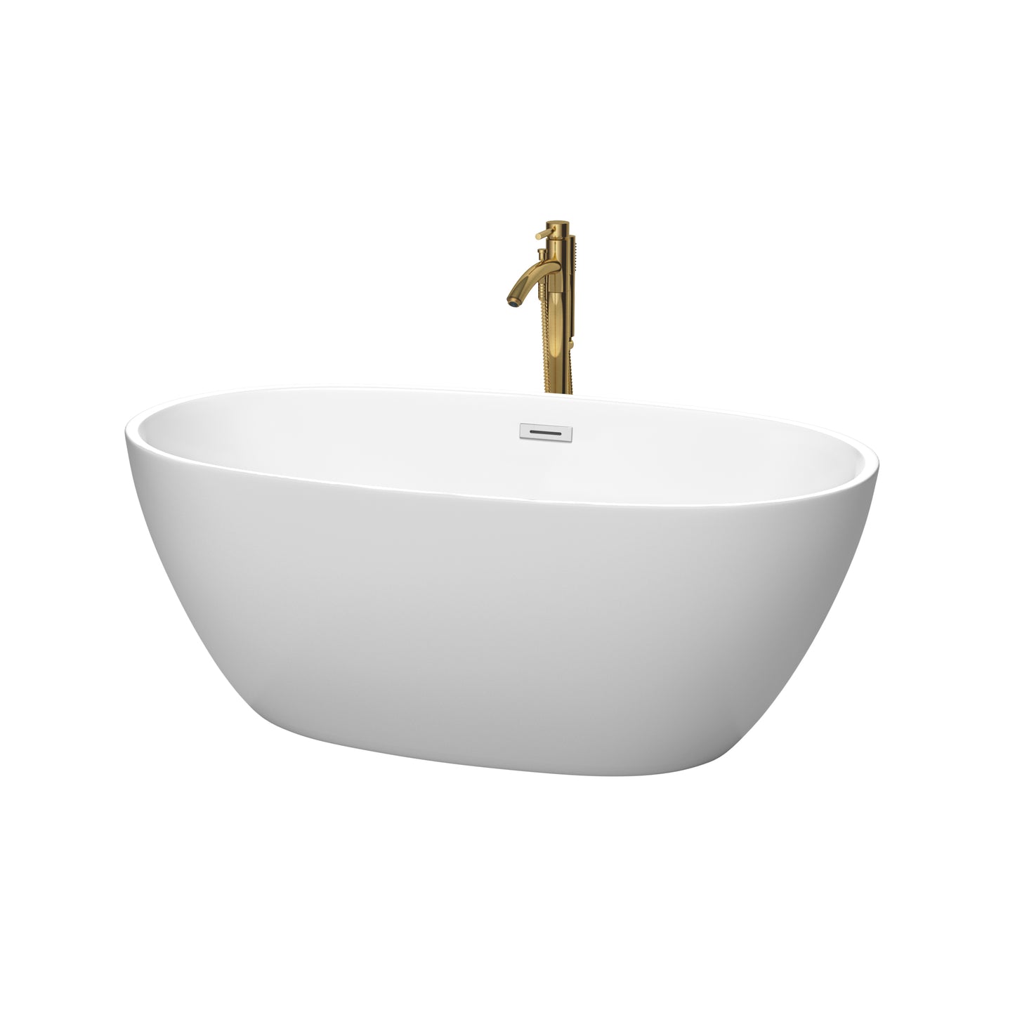 Juno 59 Inch Freestanding Bathtub in Matte White with Polished Chrome Trim and Floor Mounted Faucet in Brushed Gold