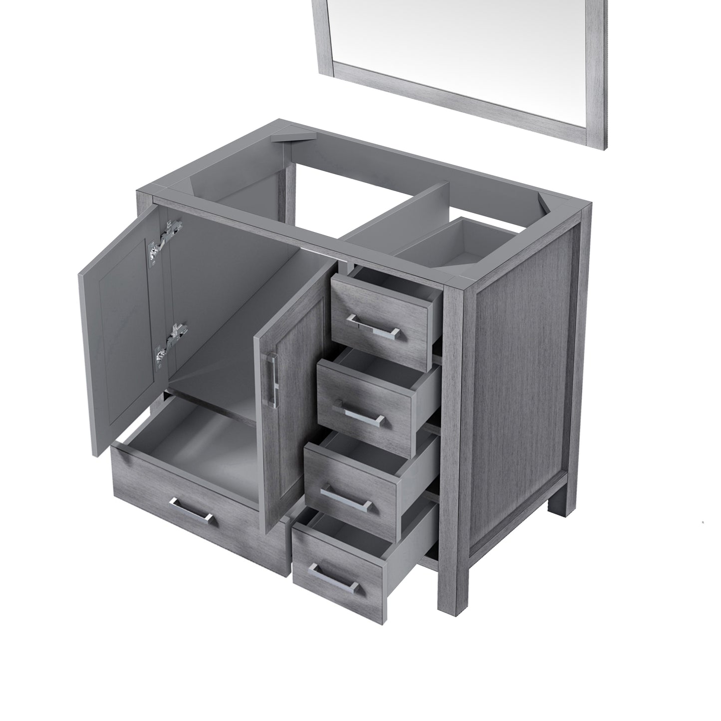 Jacques 36" Distressed Grey Single Vanity, no Top and 34" Mirror - Left Version