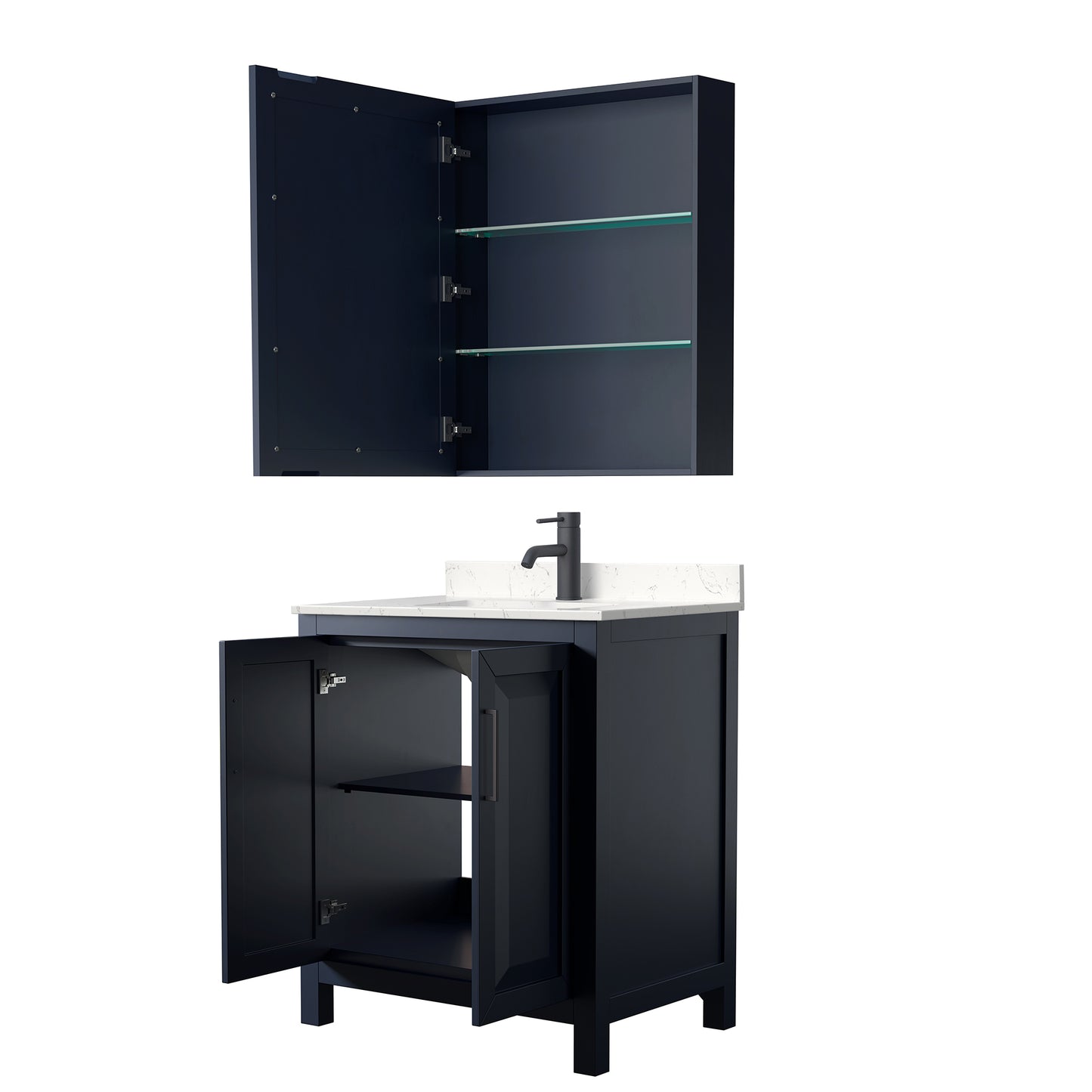 Daria 30 Inch Single Bathroom Vanity in Dark Blue, Carrara Cultured Marble Countertop, Undermount Square Sink, Matte Black Trim, Medicine Cabinet