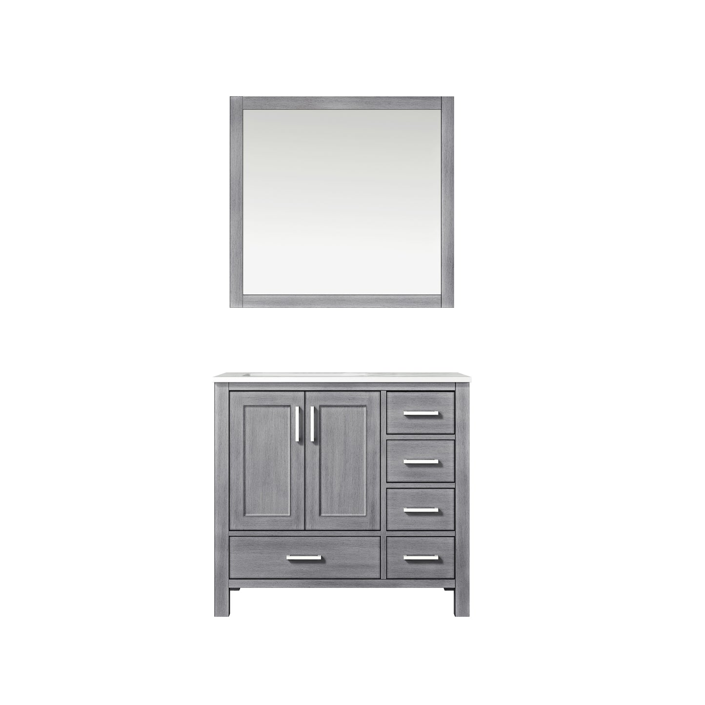 Jacques 36" Distressed Grey Single Vanity, White Carrara Marble Top, White Square Sink and 34" Mirror - Left Version