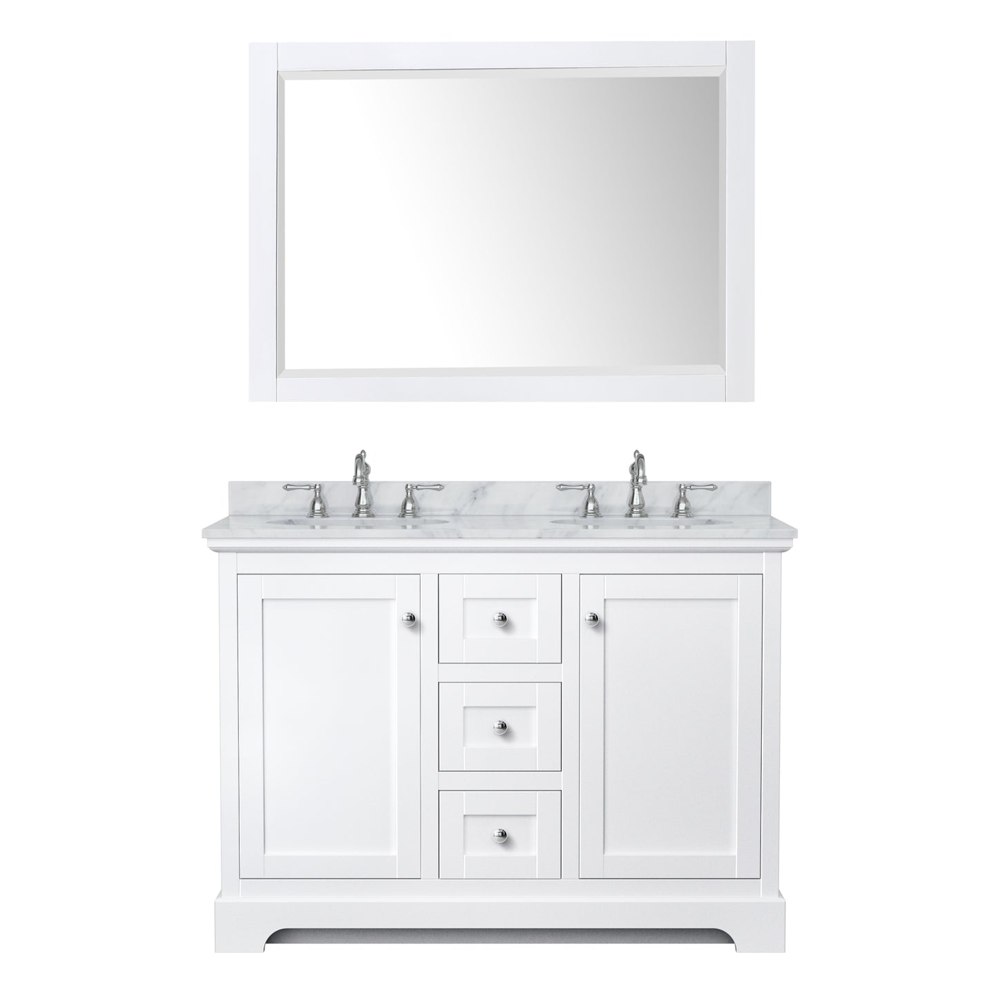 Avery 48 Inch Double Bathroom Vanity in White, White Carrara Marble Countertop, Undermount Oval Sinks, 46 Inch Mirror
