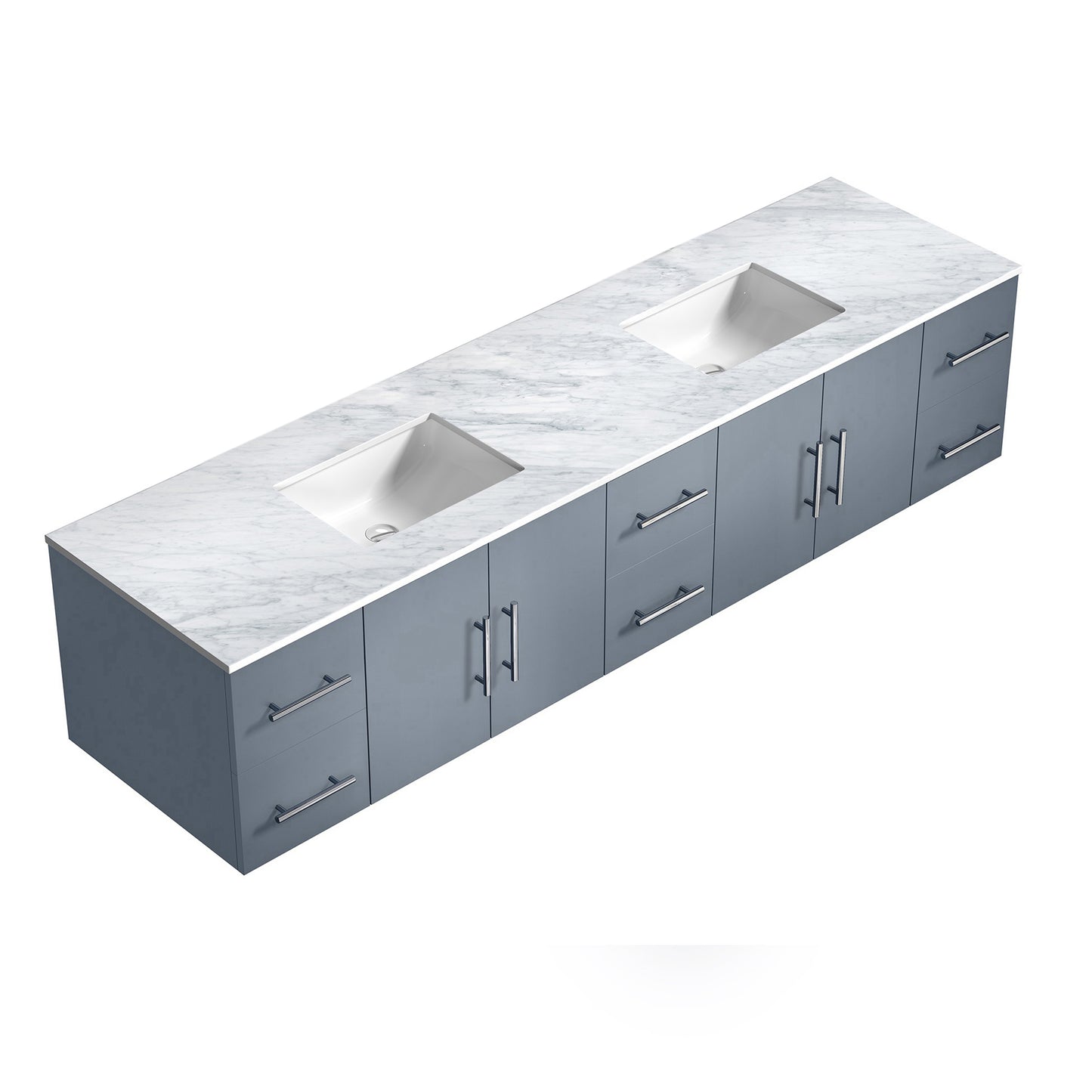 Geneva 84" Dark Grey Double Vanity, White Carrara Marble Top, White Square Sinks and no Mirror