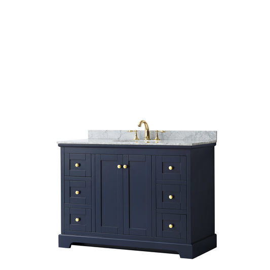 Avery 48 Inch Single Bathroom Vanity in Dark Blue, White Carrara Marble Countertop, Undermount Oval Sink, and No Mirror