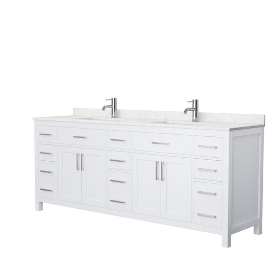 Beckett 84 Inch Double Bathroom Vanity in White, Carrara Cultured Marble Countertop, Undermount Square Sinks, No Mirror