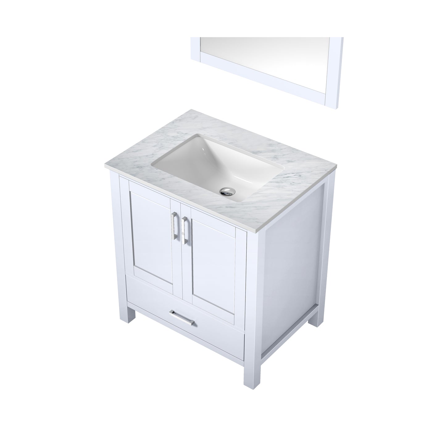 Jacques 30" White Single Vanity, White Carrara Marble Top, White Square Sink and 28" Mirror