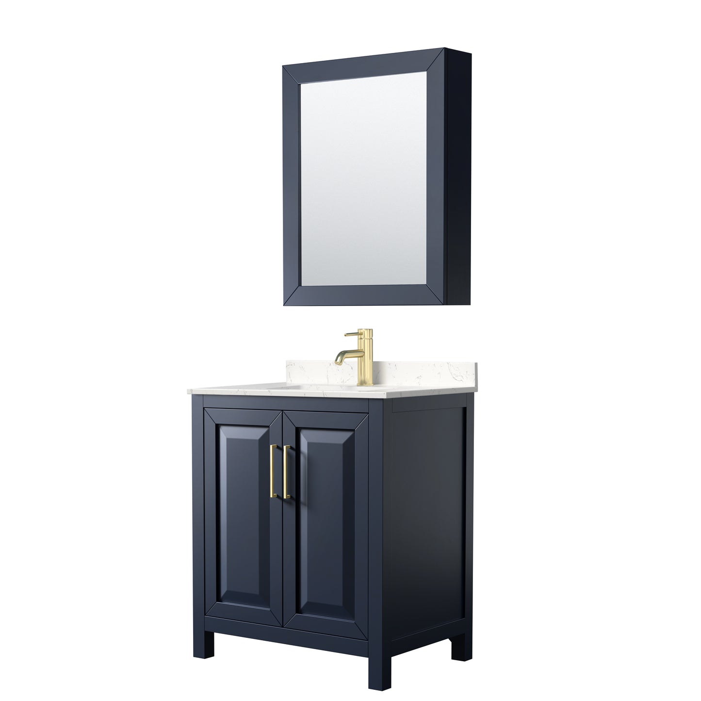 Daria 30 Inch Single Bathroom Vanity in Dark Blue, Carrara Cultured Marble Countertop, Undermount Square Sink, Medicine Cabinet