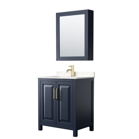 Daria 30 Inch Single Bathroom Vanity in Dark Blue, Carrara Cultured Marble Countertop, Undermount Square Sink, Medicine Cabinet