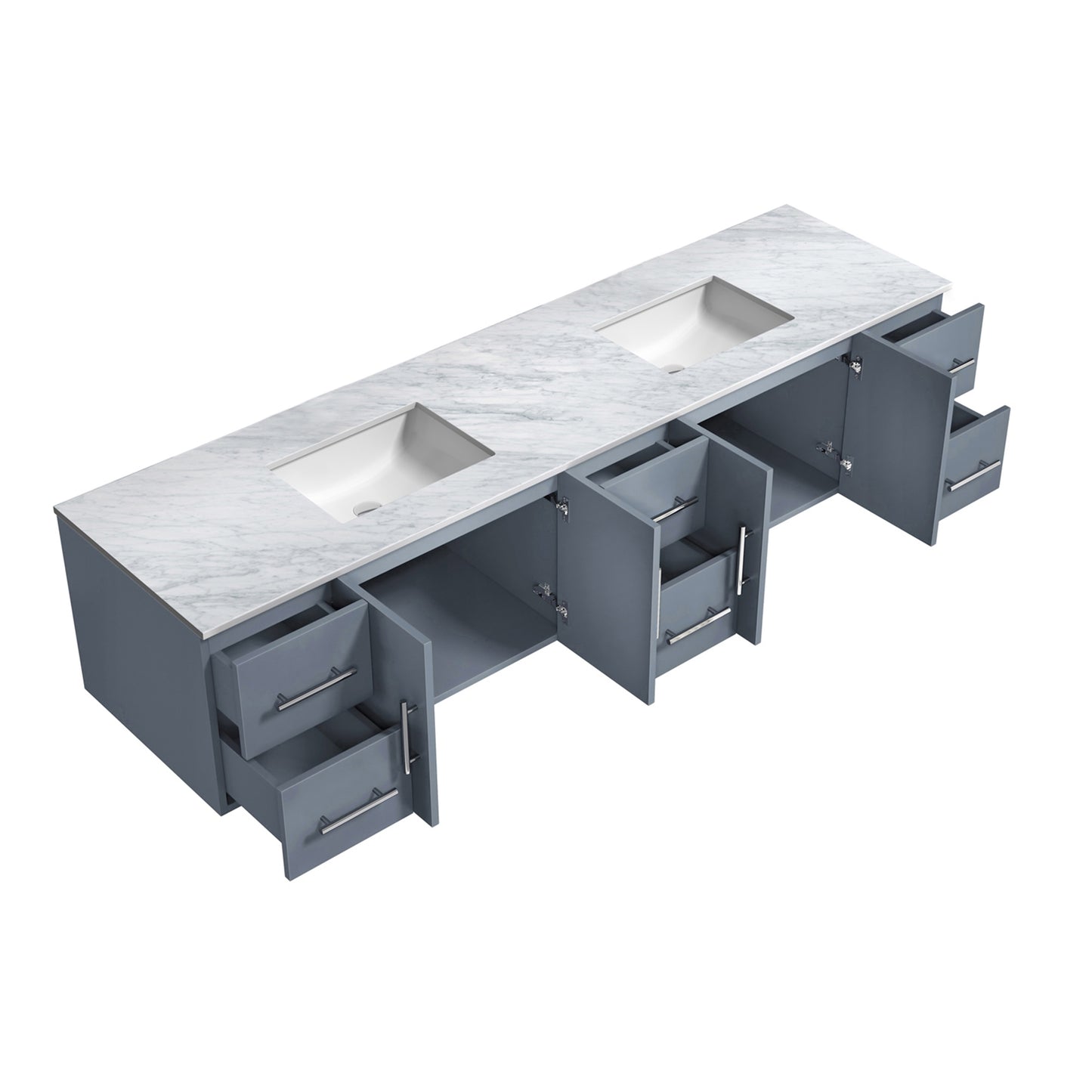 Geneva 84" Dark Grey Double Vanity, White Carrara Marble Top, White Square Sinks and 36" LED Mirrors