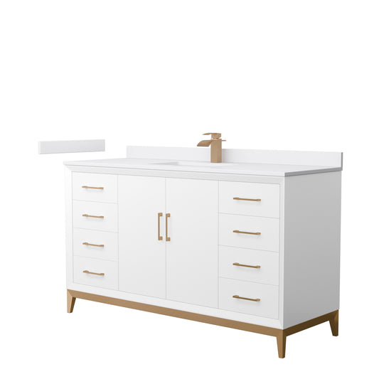 Amici 60 Inch Single Bathroom Vanity in White, White Cultured Marble Countertop, Undermount Square Sink, Satin Bronze Trim