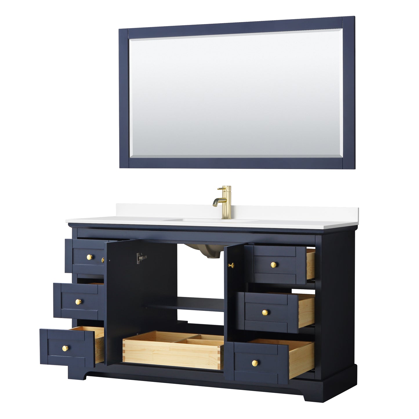 Avery 60 Inch Single Bathroom Vanity in Dark Blue, White Cultured Marble Countertop, Undermount Square Sink, 58 Inch Mirror