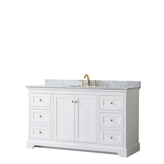 Avery 60 Inch Single Bathroom Vanity in White, White Carrara Marble Countertop, Undermount Oval Sink, Brushed Gold Trim