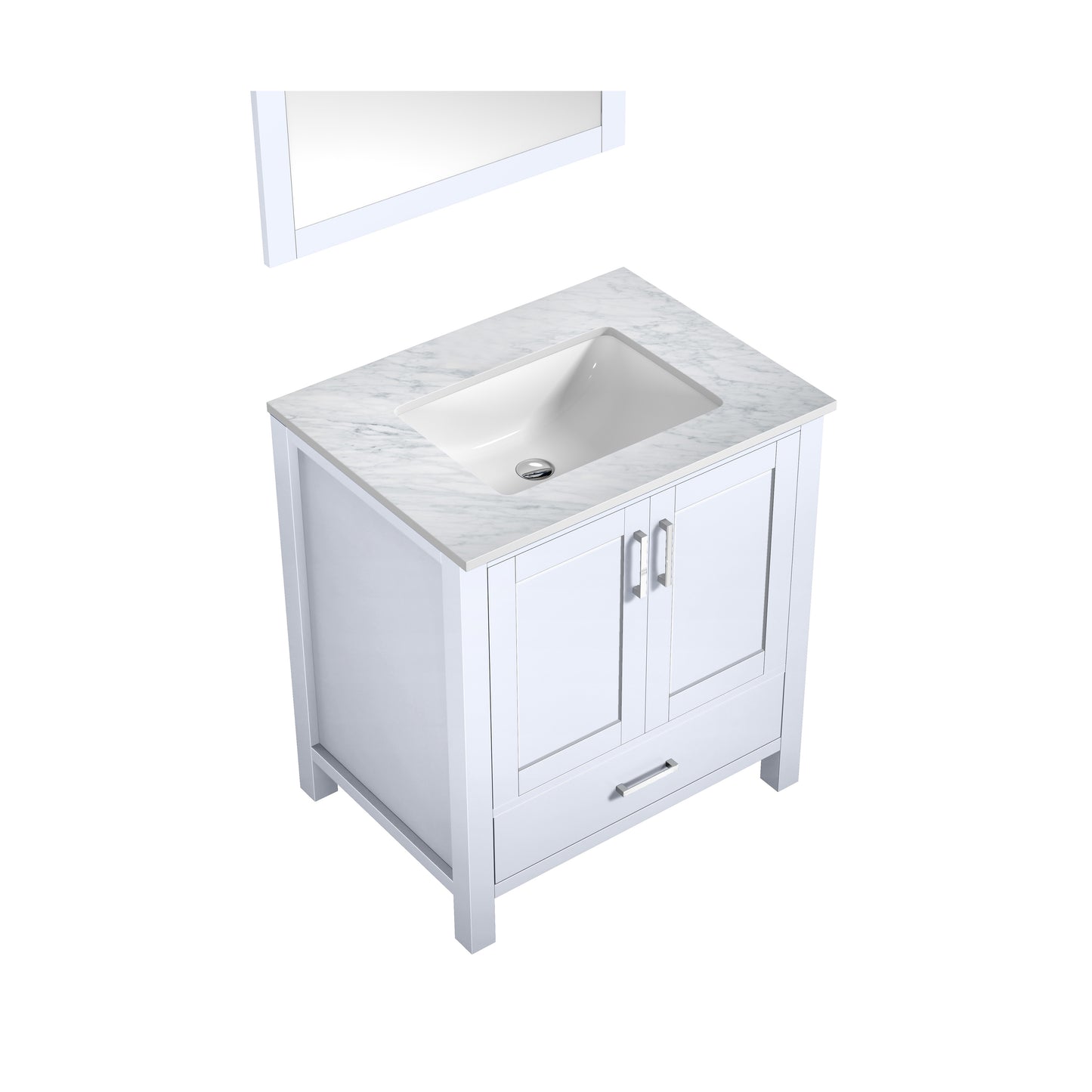 Jacques 30" White Single Vanity, White Carrara Marble Top, White Square Sink and 28" Mirror