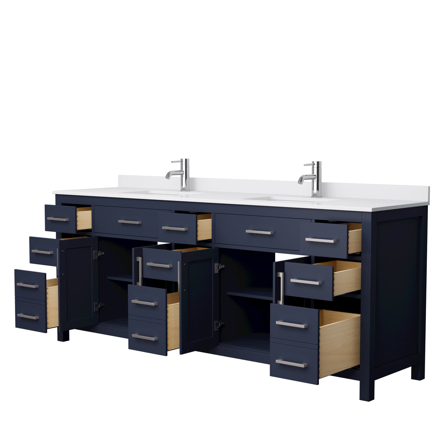 Beckett 84 Inch Double Bathroom Vanity in Dark Blue, White Cultured Marble Countertop, Undermount Square Sinks, Brushed Nickel Trim