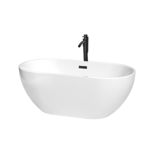 Brooklyn 60 Inch Freestanding Bathtub in White with Floor Mounted Faucet, Drain and Overflow Trim in Matte Black