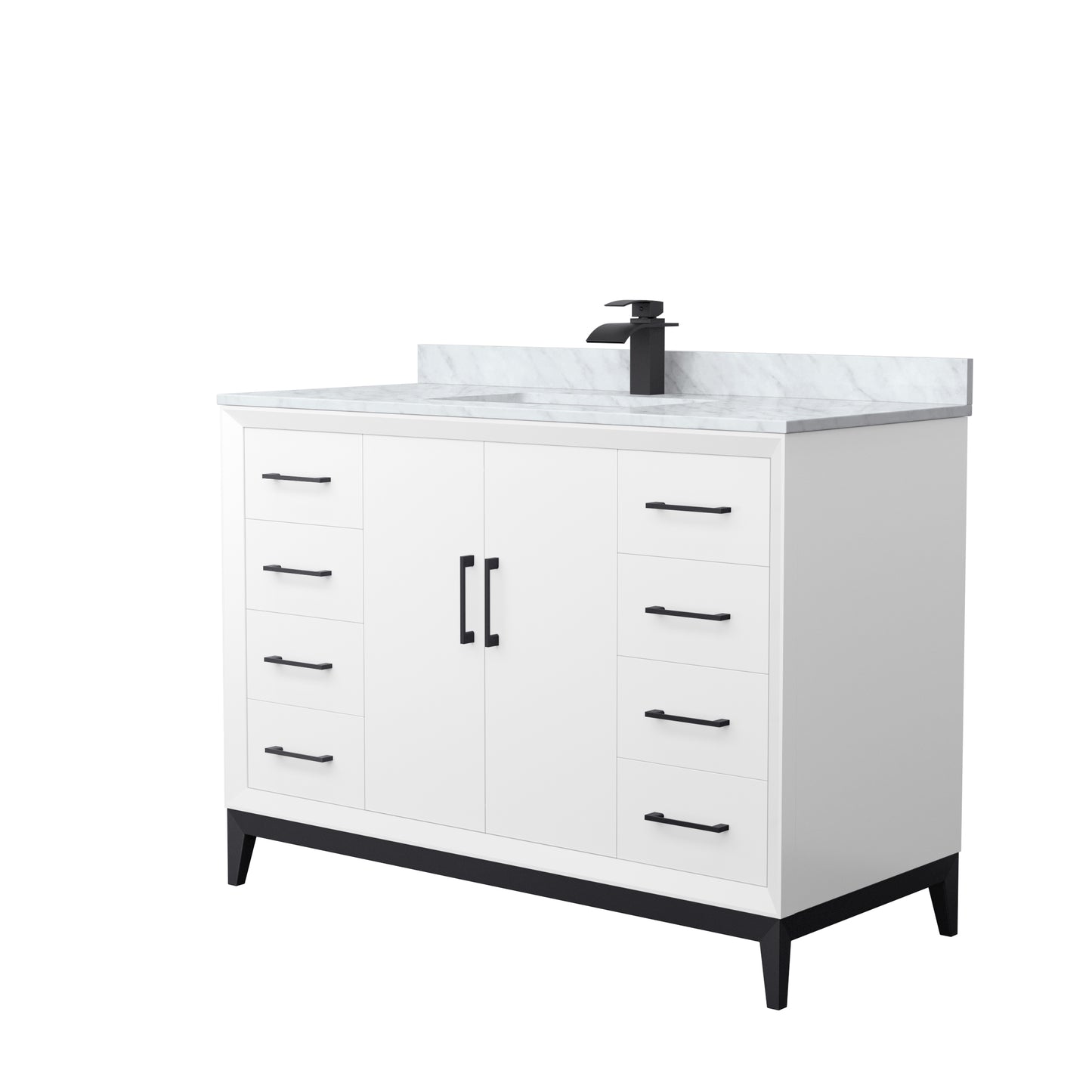Amici 48 Inch Single Bathroom Vanity in White, White Carrara Marble Countertop, Undermount Square Sink, Matte Black Trim