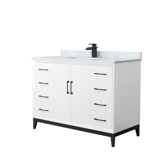 Amici 48 Inch Single Bathroom Vanity in White, White Carrara Marble Countertop, Undermount Square Sink, Matte Black Trim