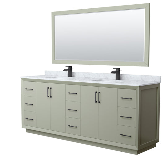 Strada 84 Inch Double Bathroom Vanity in Light Green, White Carrara Marble Countertop, Undermount Square Sinks, Matte Black Trim, 70 Inch Mirror