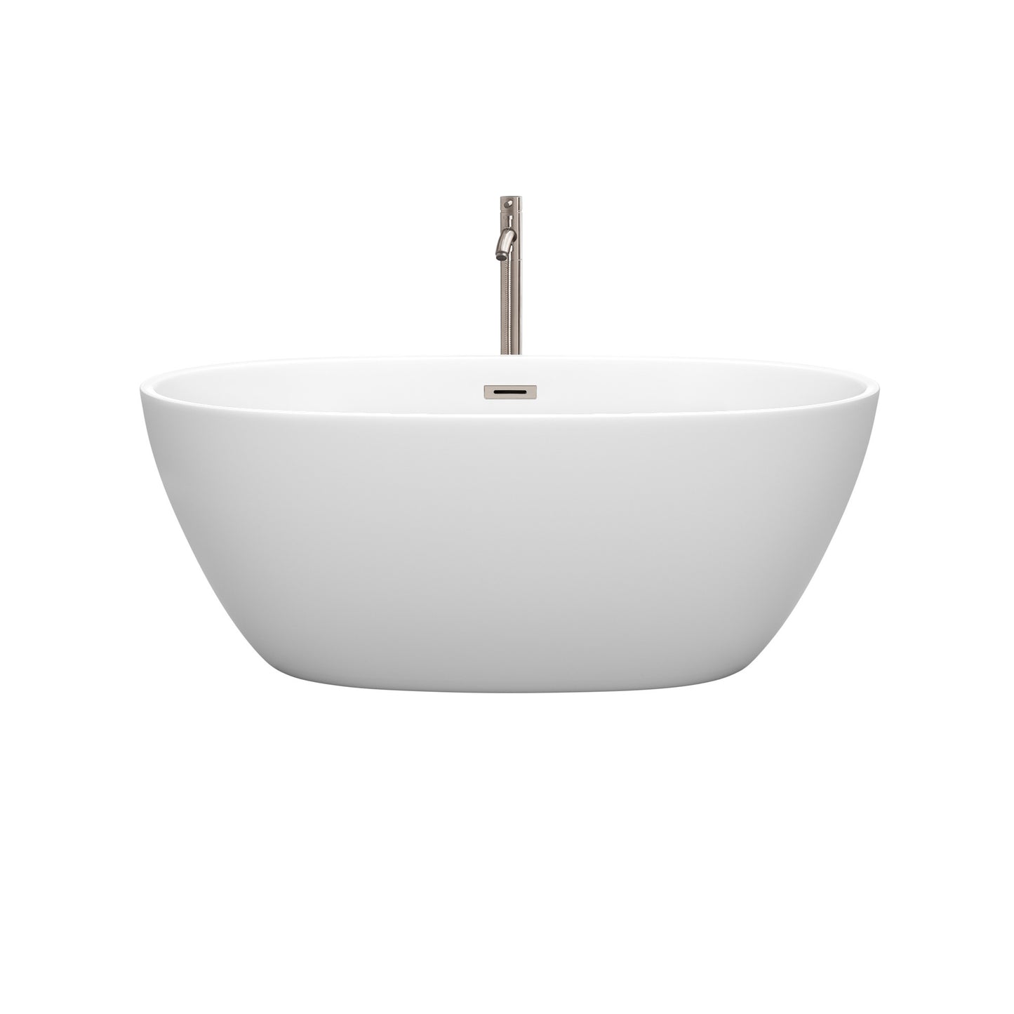 Juno 59 Inch Freestanding Bathtub in Matte White with Floor Mounted Faucet, Drain and Overflow Trim in Brushed Nickel