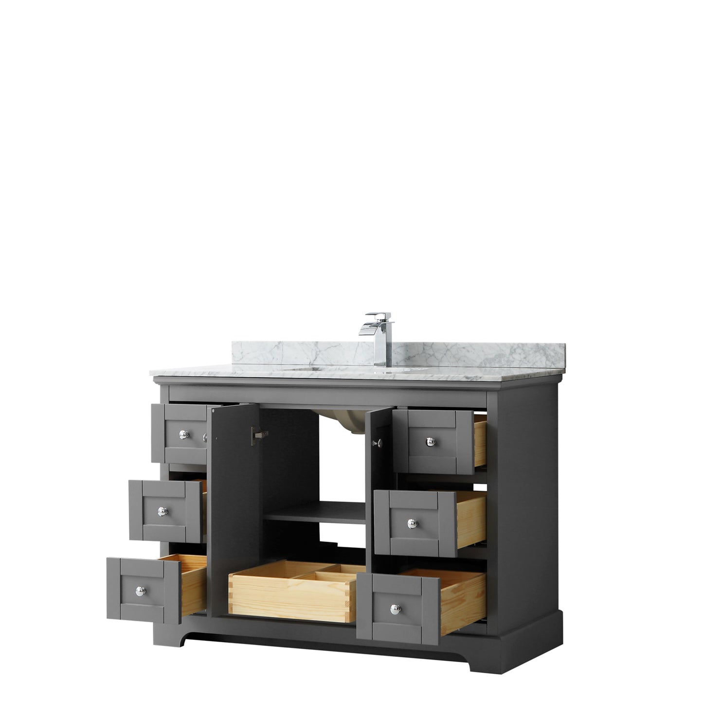Avery 48 Inch Single Bathroom Vanity in Dark Gray, White Carrara Marble Countertop, Undermount Square Sink, and No Mirror