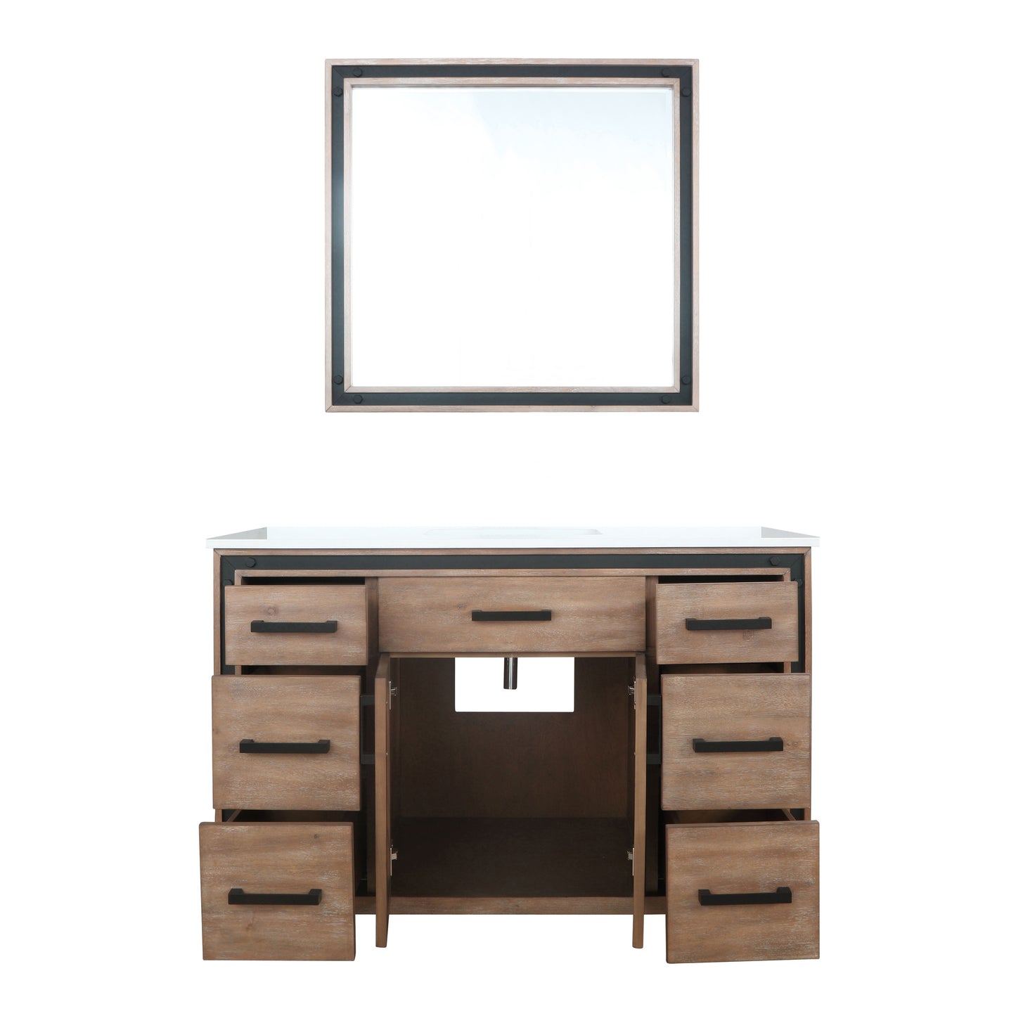 Ziva 48" Rustic Barnwood Single Vanity, Cultured Marble Top, White Square Sink and 34" Mirror