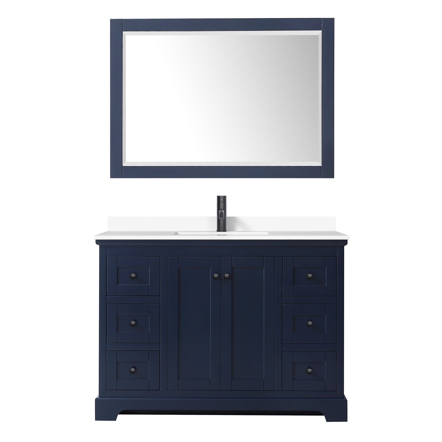 Avery 48 Inch Single Bathroom Vanity in Dark Blue, White Cultured Marble Countertop, Undermount Square Sink, Matte Black Trim, 46 Inch Mirror