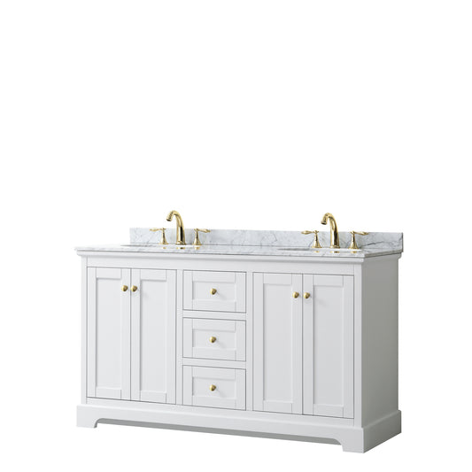 Avery 60 Inch Double Bathroom Vanity in White, White Carrara Marble Countertop, Undermount Oval Sinks, Brushed Gold Trim